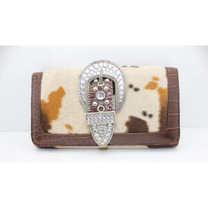 Western Vegan Leather Mixed Faux Hide Bling Belt Trifold Long Wallet